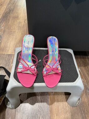 Women’s Pink Strappy Slide Mules with Holographic Insole